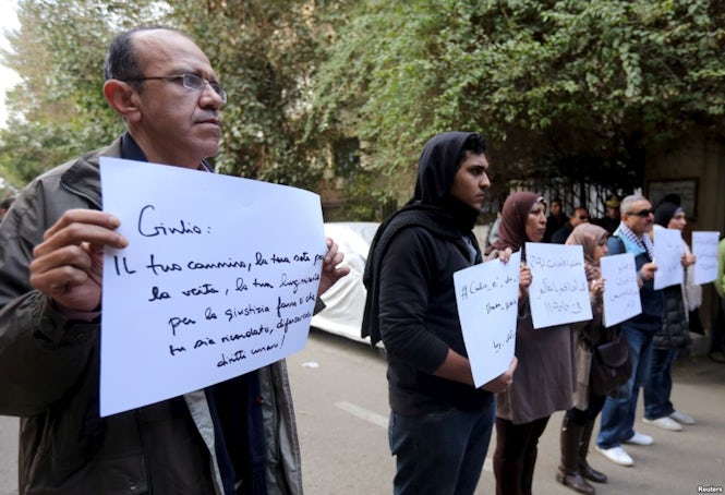 Protesters outside the Egyptian embassy in Rome demand truth and justice for Giulio Regeni.