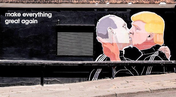 The Putin-Trump painting on the exterior of Keulė Rūkė. (Image: Keulė Rūkė/Facebook)